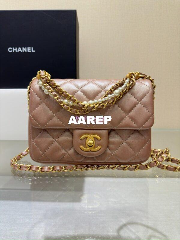 Replica Chanel 24P Seasonal Mini Flap Bag with Pearl Top Handle Chain AS4385 Iridescent Pink 4