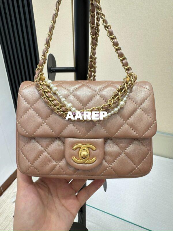 Replica Chanel 24P Seasonal Mini Flap Bag with Pearl Top Handle Chain AS4385 Iridescent Pink 5