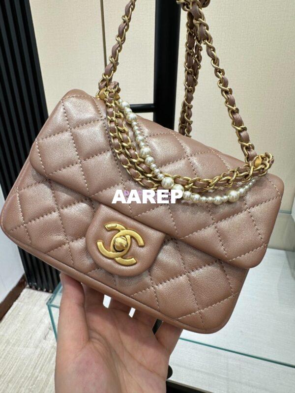 Replica Chanel 24P Seasonal Mini Flap Bag with Pearl Top Handle Chain AS4385 Iridescent Pink 6