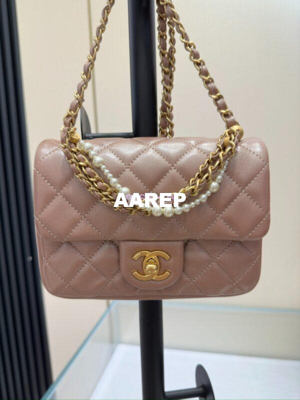 Replica Chanel 24P Seasonal Mini Flap Bag with Pearl Top Handle Chain AS4385 Iridescent Pink 7