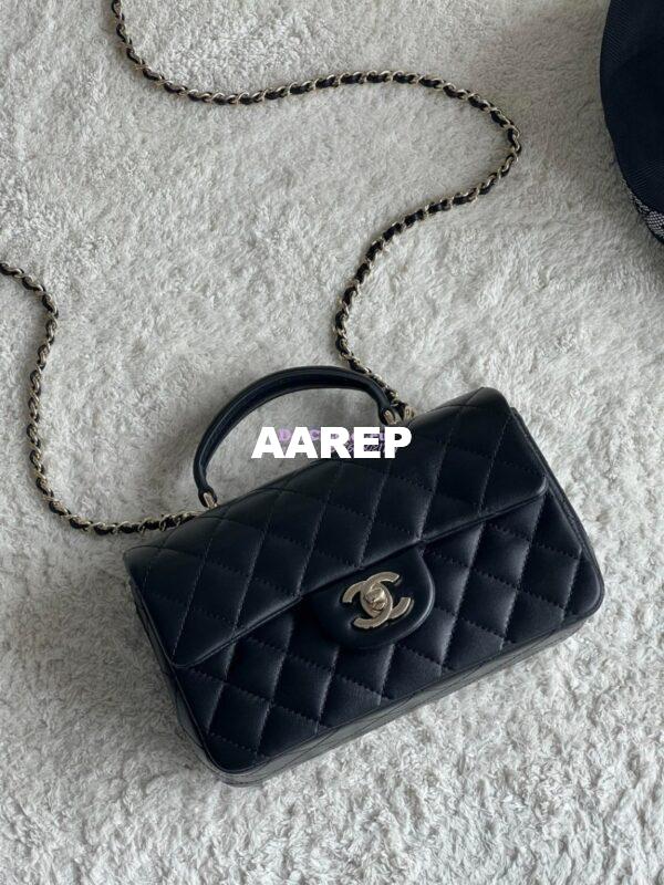 Replica Chanel Mini Flap Bag With Top Handle AS2431 in Lambskin Black with Light Gold Hardware 3