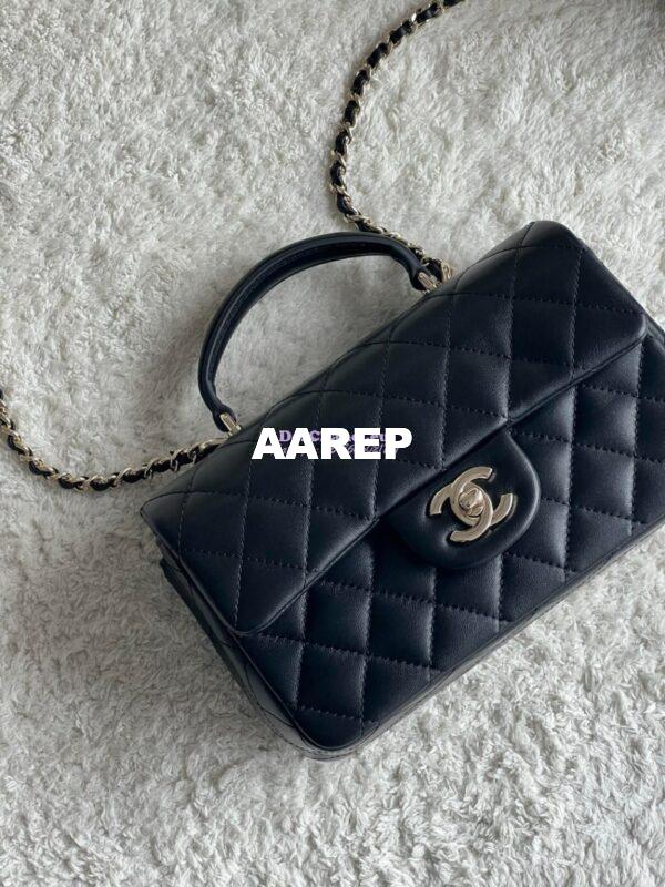 Replica Chanel Mini Flap Bag With Top Handle AS2431 in Lambskin Black with Light Gold Hardware 5