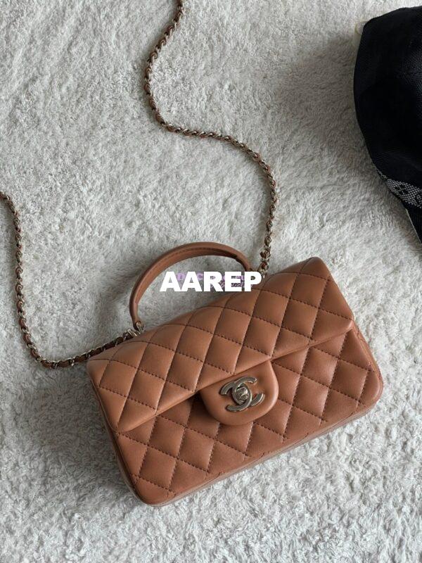 Replica Chanel Mini Flap Bag With Top Handle AS2431 in Lambskin Caramel with Light Gold Hardware 3
