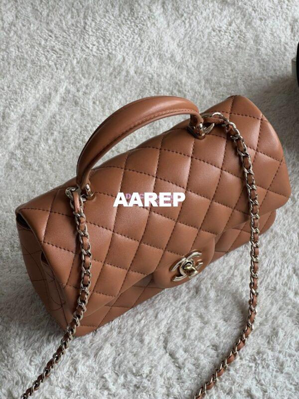 Replica Chanel Mini Flap Bag With Top Handle AS2431 in Lambskin Caramel with Light Gold Hardware 4