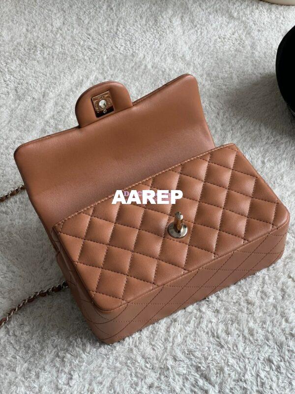 Replica Chanel Mini Flap Bag With Top Handle AS2431 in Lambskin Caramel with Light Gold Hardware 10