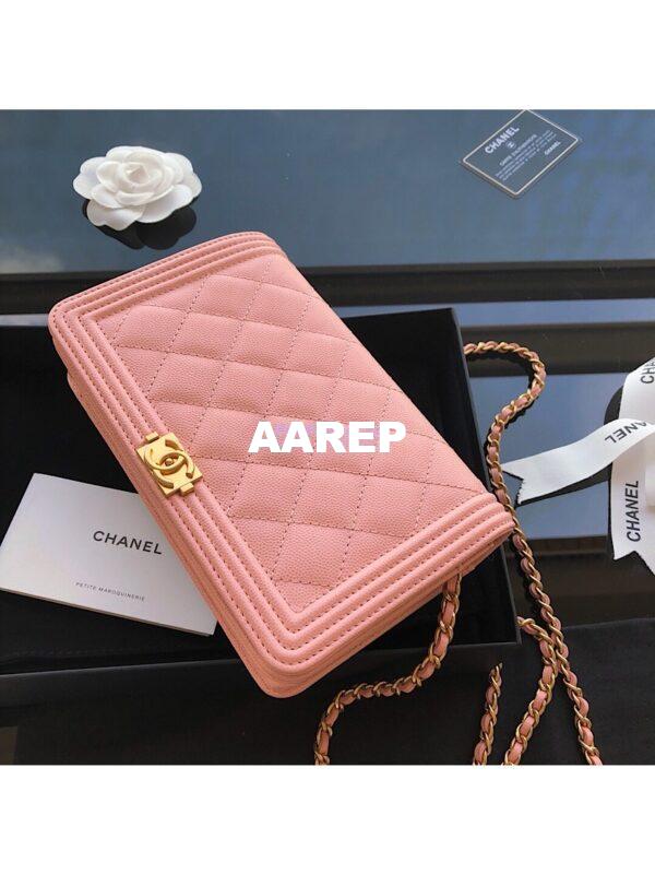 Replica Chanel New Boy Wallet on Chain Grained Calfskin A80287 Pink