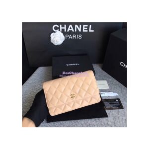 Replica Chanel Classic Lambskin Wallet On Chain WOC Beige Bag 2