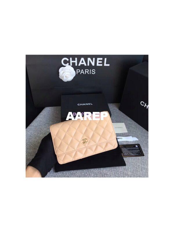 Replica Chanel Classic Lambskin Wallet On Chain WOC Beige Bag 4