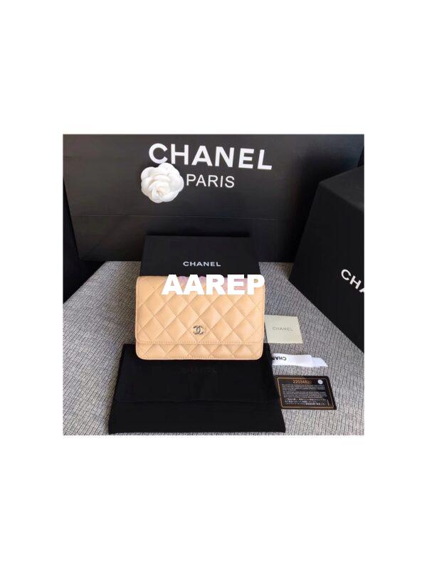 Replica Chanel Classic Lambskin Wallet On Chain WOC Beige Bag 14