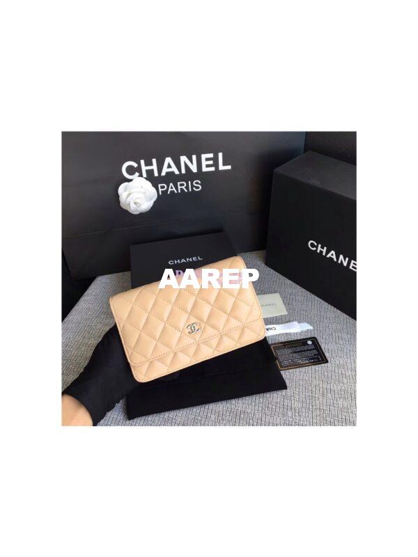 Replica Chanel Classic Lambskin Wallet On Chain WOC Beige Bag 15