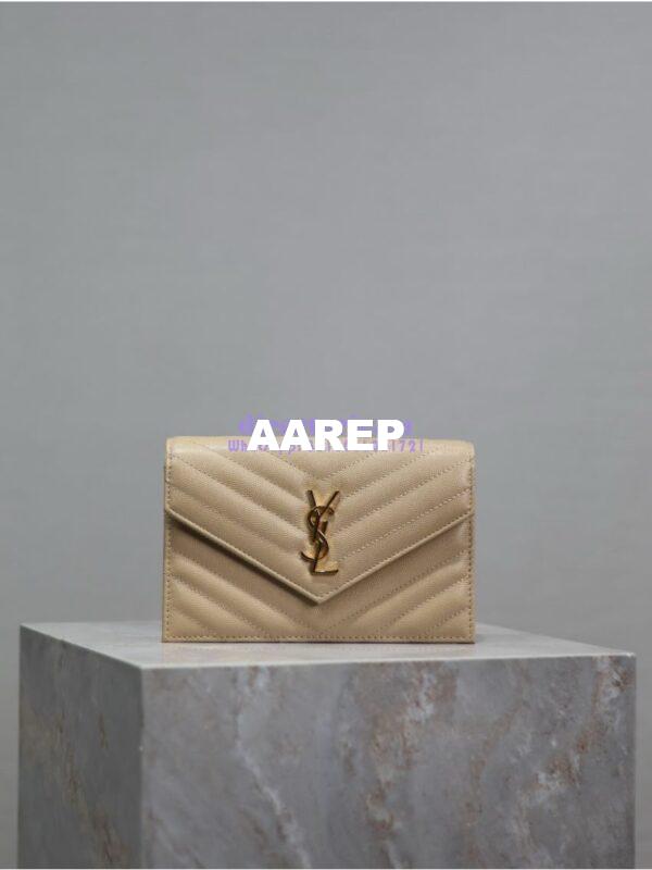Replica YSL Saint Laurent Envelope Chain Wallet Grain De Poudre 393953 Beige in Gold Hardware 3