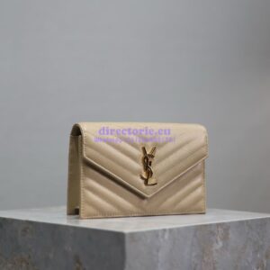 Replica YSL Saint Laurent Envelope Chain Wallet Grain De Poudre 393953 Beige in Gold Hardware 2