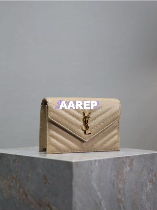 Replica YSL Saint Laurent Envelope Chain Wallet Grain De Poudre 393953 Beige in Gold Hardware 4