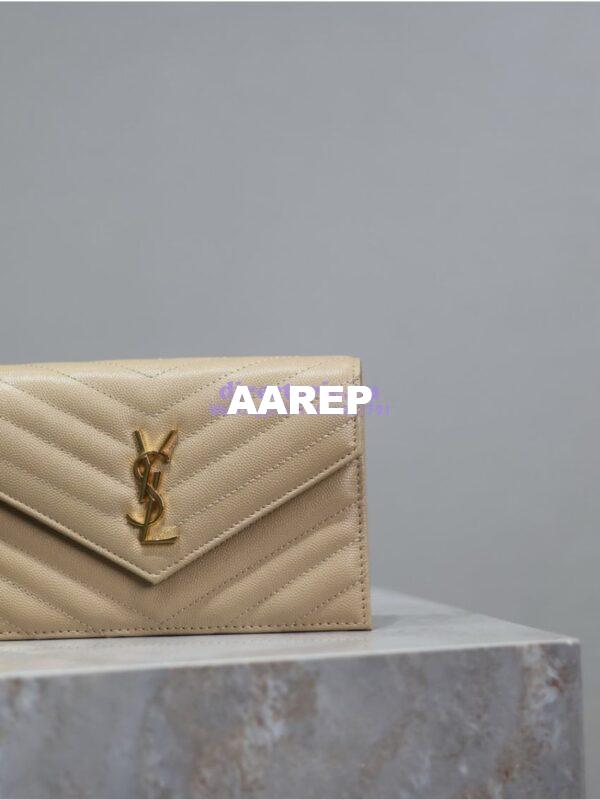 Replica YSL Saint Laurent Envelope Chain Wallet Grain De Poudre 393953 Beige in Gold Hardware 5
