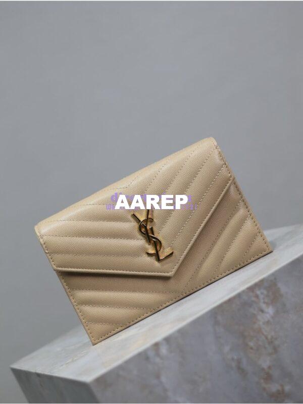 Replica YSL Saint Laurent Envelope Chain Wallet Grain De Poudre 393953 Beige in Gold Hardware 8