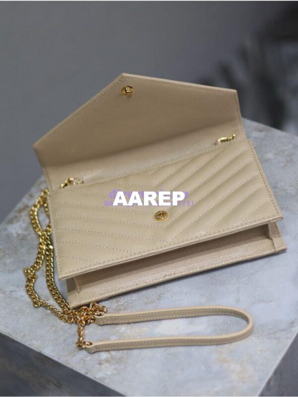 Replica YSL Saint Laurent Envelope Chain Wallet Grain De Poudre 393953 Beige in Gold Hardware 9