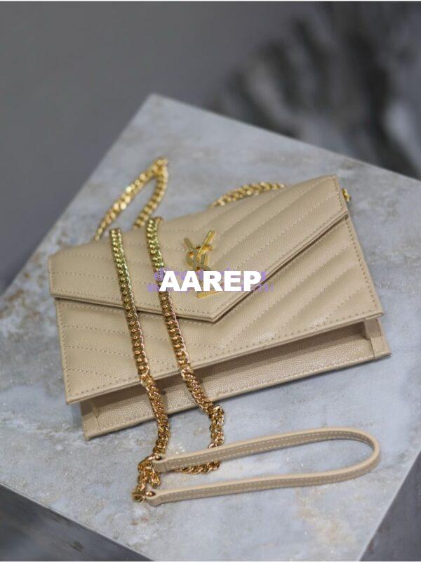 Replica YSL Saint Laurent Envelope Chain Wallet Grain De Poudre 393953 Beige in Gold Hardware 10