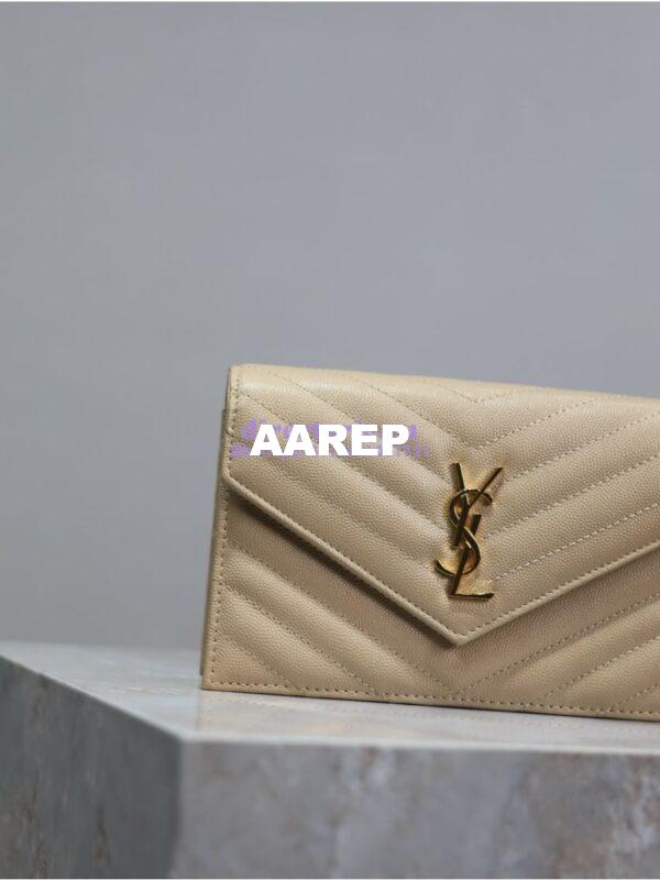 Replica YSL Saint Laurent Envelope Chain Wallet Grain De Poudre 393953 Beige in Gold Hardware 11
