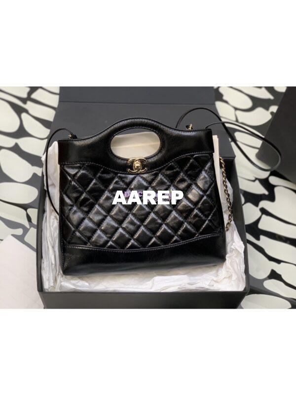 Replica Chanel 31 Mini Shopping Bag Shiny Lambskin & Gold-Tone Metal AS4133 Black 2