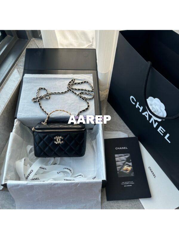 Replica Chanel Lambskin, Diamanté Handle Handle Vanity with Chain AP2805 Black 3