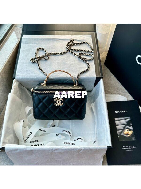 Replica Chanel Lambskin, Diamanté Handle Handle Vanity with Chain AP2805 Black 5
