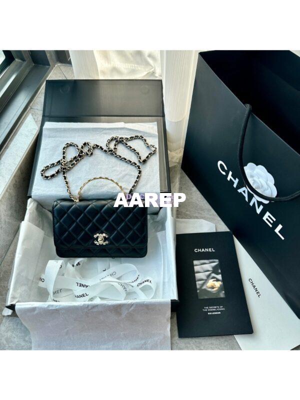 Replica Chanel Flap Phone Holder With Chain & Lambskin, Diamanté Handle WOC AP3575 Black 3