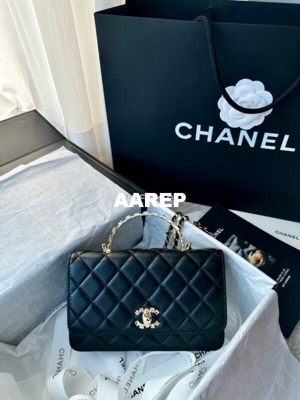 Replica Chanel Flap Phone Holder With Chain & Lambskin, Diamanté Handle WOC AP3575 Black 4