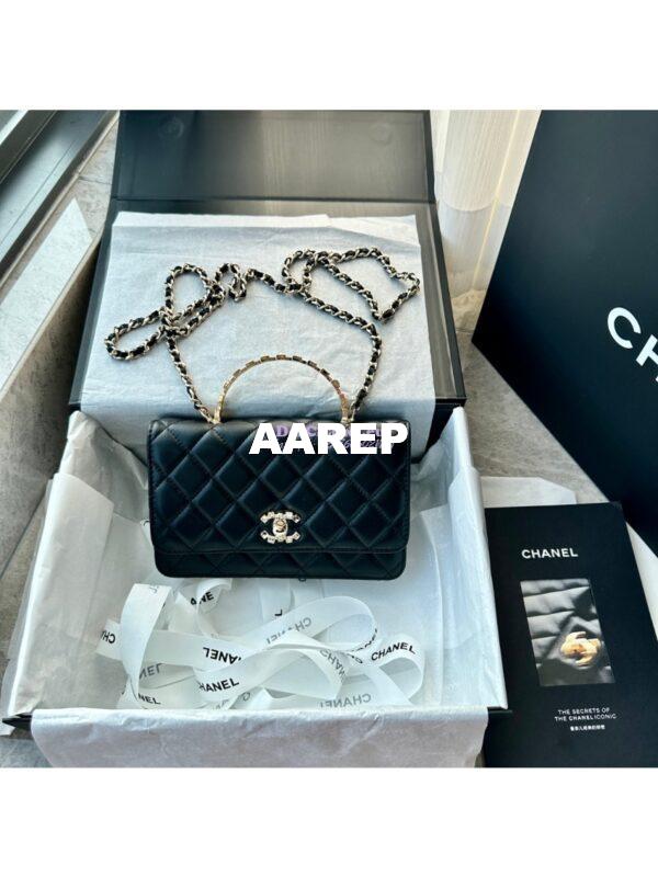 Replica Chanel Flap Phone Holder With Chain & Lambskin, Diamanté Handle WOC AP3575 Black 5