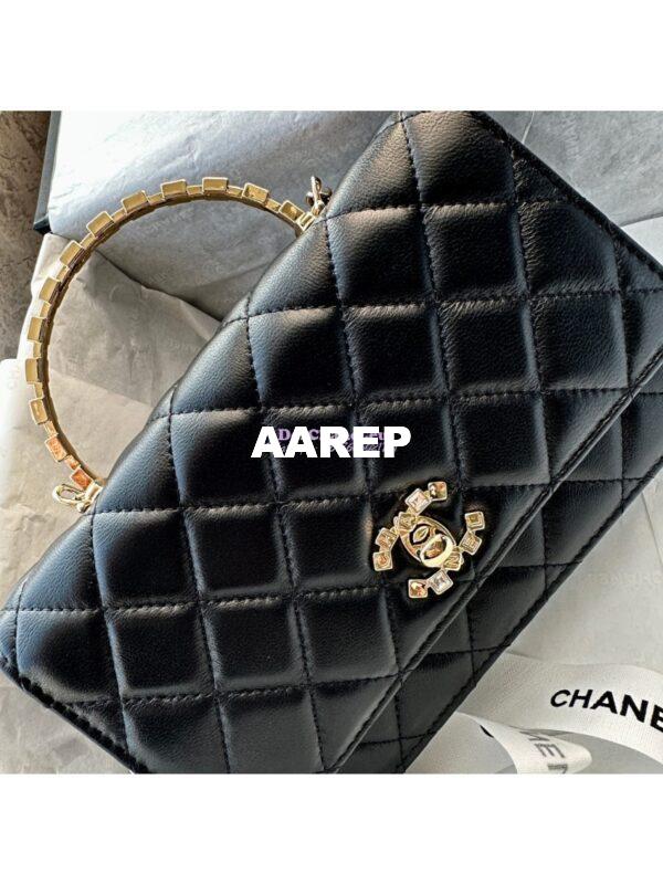 Replica Chanel Flap Phone Holder With Chain & Lambskin, Diamanté Handle WOC AP3575 Black 7