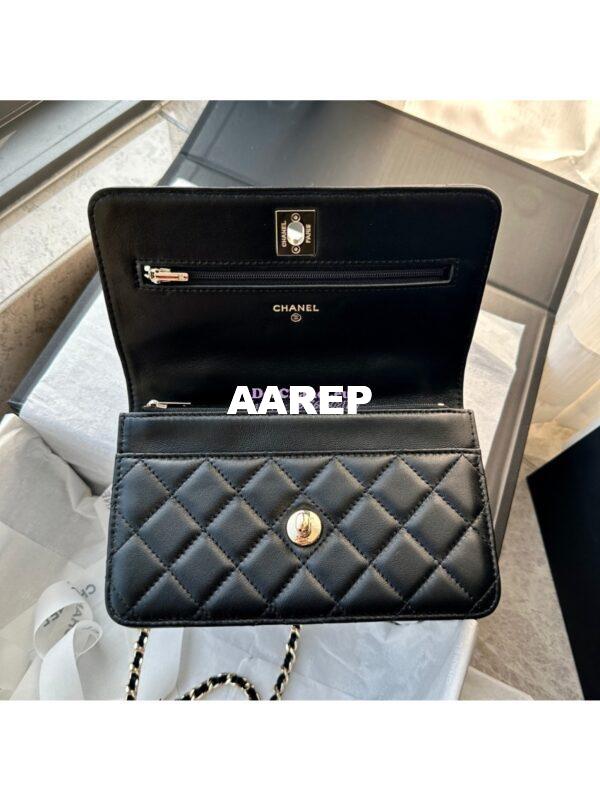 Replica Chanel Flap Phone Holder With Chain & Lambskin, Diamanté Handle WOC AP3575 Black 8