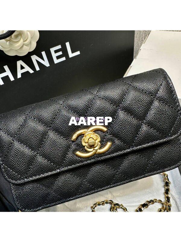 Replica Chanel 24SS Camellia Clutch With Chain Shiny Grained Calfskin AP3579 Black 5