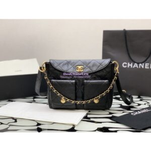 Replica Chanel 24SS Hobo Handbag Shiny Calfskin AS4743 Black