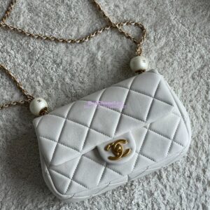 Replica Chanel Lambskin Small Flap Bag with Pearl Charm Chain AS4861 White 2