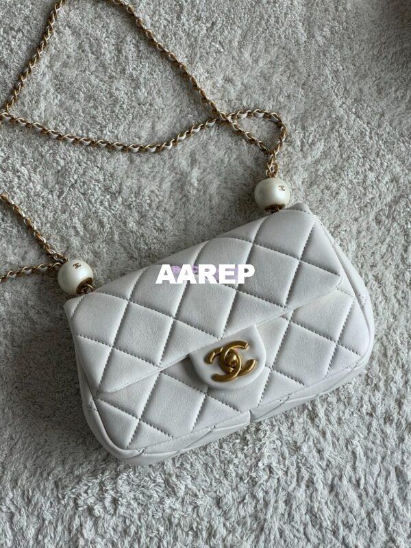 Replica Chanel Lambskin Small Flap Bag with Pearl Charm Chain AS4861 White 4