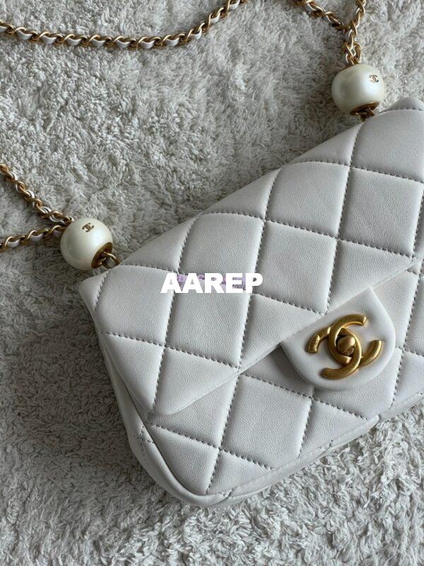 Replica Chanel Lambskin Small Flap Bag with Pearl Charm Chain AS4861 White 5