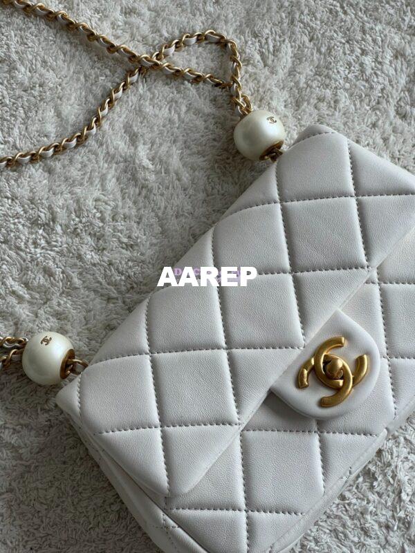 Replica Chanel Lambskin Small Flap Bag with Pearl Charm Chain AS4861 White 6