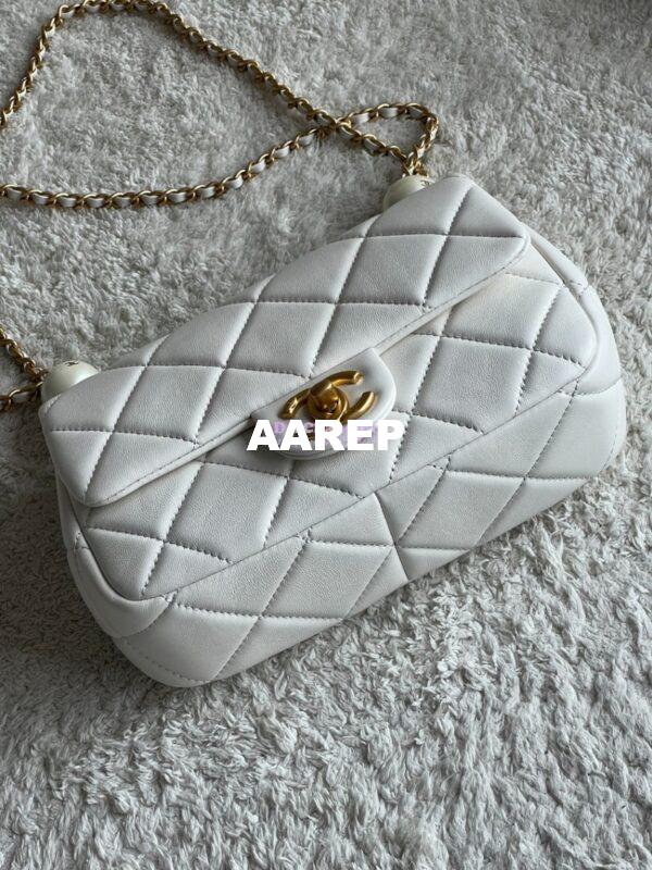Replica Chanel Lambskin Small Flap Bag with Pearl Charm Chain AS4861 White 9