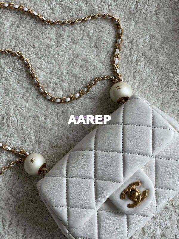 Replica Chanel Lambskin Mini Flap Bag with Pearl Charm Chain AS4868 White 6