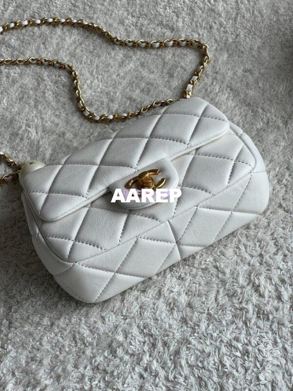 Replica Chanel Lambskin Mini Flap Bag with Pearl Charm Chain AS4868 White 7