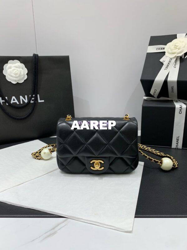 Replica Chanel Lambskin Mini Flap Bag with Pearl Charm Chain AS4868 Black