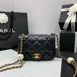 Replica Chanel Lambskin Mini Flap Bag with Pearl Charm Chain AS4868 Black 2