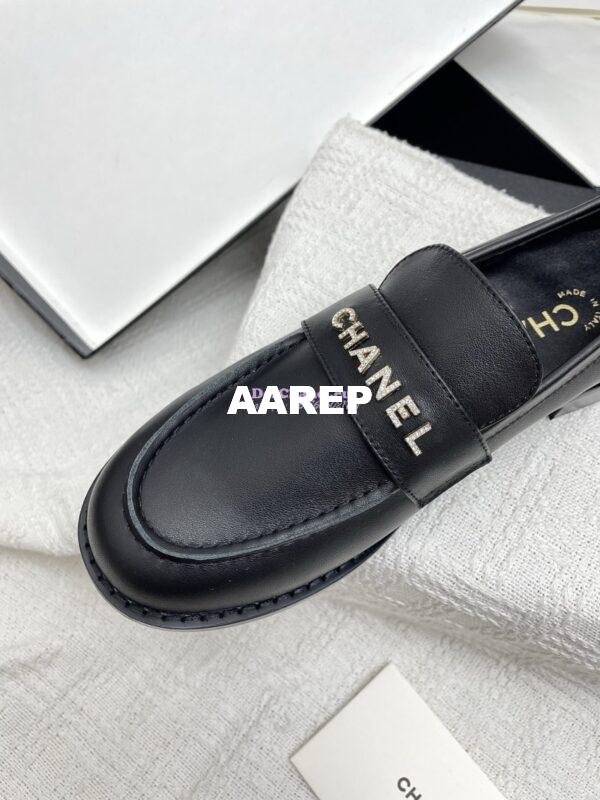 Replica Chanel 25SS Logo Rhinestones Calfskin Moccasins Loafer G37433 Black 7