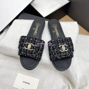 Replica Chanel 25P Tweed CC Lock Logo Sandals G46119 Black