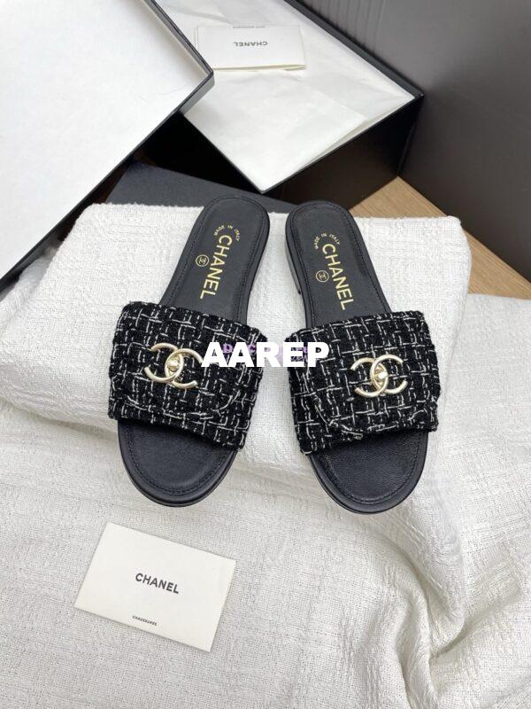 Replica Chanel 25P Tweed CC Lock Logo Sandals G46119 Black 3