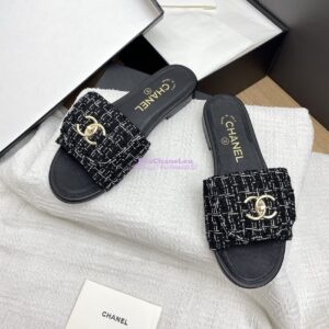Replica Chanel 25P Tweed CC Lock Logo Sandals G46119 Black 2