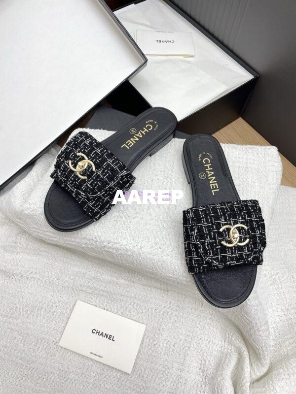 Replica Chanel 25P Tweed CC Lock Logo Sandals G46119 Black 4