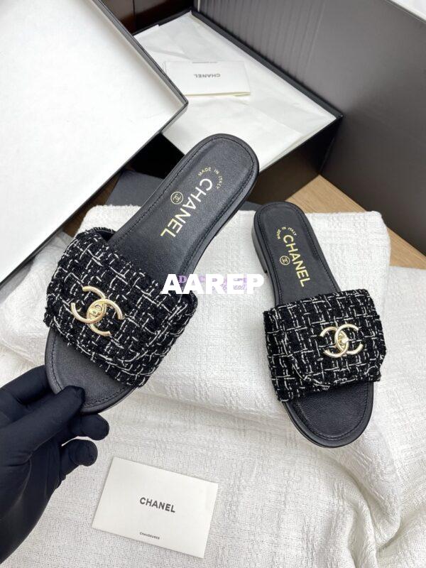 Replica Chanel 25P Tweed CC Lock Logo Sandals G46119 Black 8
