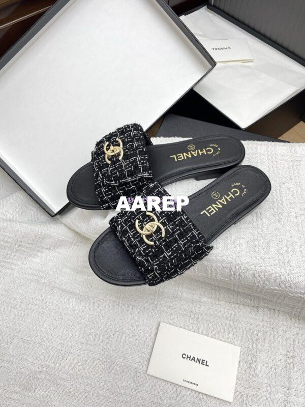 Replica Chanel 25P Tweed CC Lock Logo Sandals G46119 Black 13