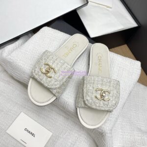 Replica Chanel 25P Tweed CC Lock Logo Sandals G46119 Ivory