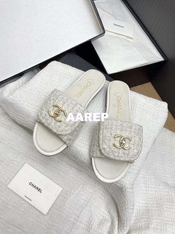 Replica Chanel 25P Tweed CC Lock Logo Sandals G46119 Ivory 3